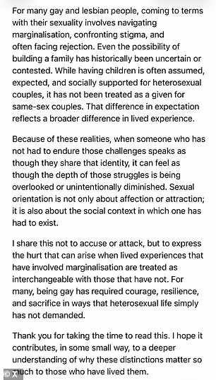 Concluding the letter, the group insist they 'share this not to accuse or attack, but to express the hurt that can arise when lived experiences that have involved marginalisation are treated as interchangeable with those that have not.
