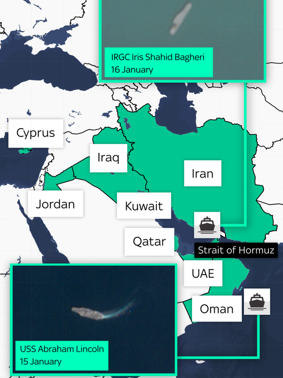 Sky News has tracked positions of Iranian Navy vessels using data by TankerTrackers