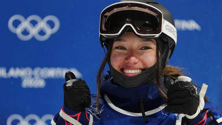 Britain's Zoe Atkin celebrates after qualifying first ahead of Saturday's halfpipe final. Pic: AP