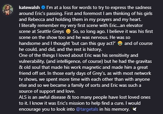 'I'm at a loss for words to try to express the sadness around Eric's passing,' she began. 'First and foremost I am thinking of his girls and Rebecca and holding them in my prayers and my heart'