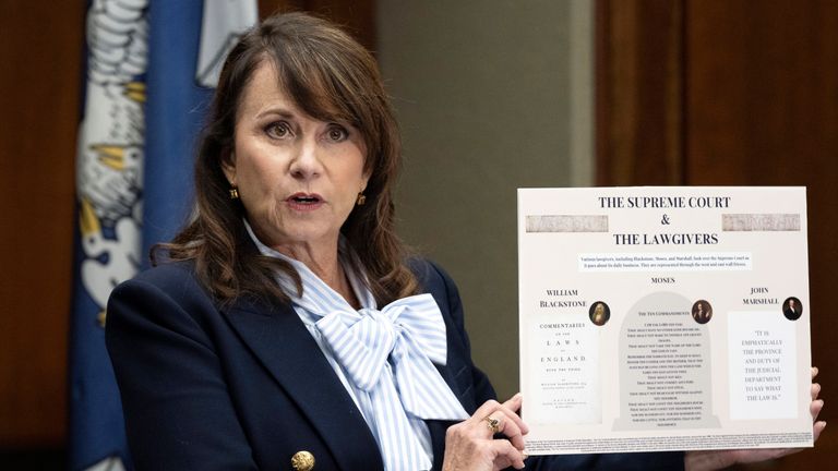Louisiana's attorney general Liz Murrill announcing the law in 2024. Pic: The Advocate/AP