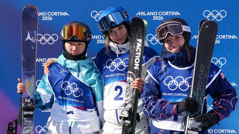 (L-R) Li Fanghui and Eileen Gu won silver and gold respectively for China, and Britain's Zoe Atkin got bronze. Pic: AP