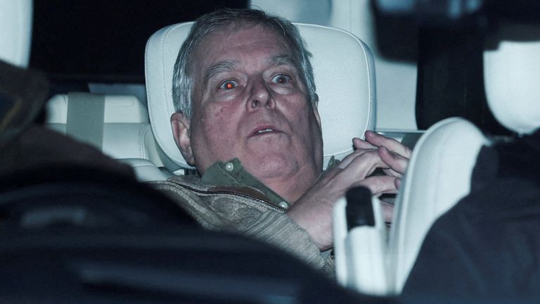 Andrew Mountbatten-Windsor was pictured returning from the police station after hours of interviews. Pic: Reuters 