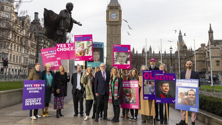 Lord Falconer and Kim Leadbeater MP with Dignity in Dying campaigners in London last year. Pic: PA