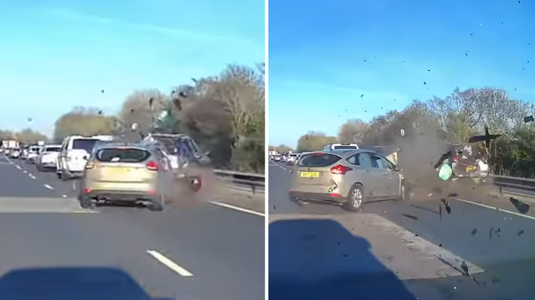 The victim's Nissan is hit while in queuing traffic on the A50. Pic: Derbyshire Police