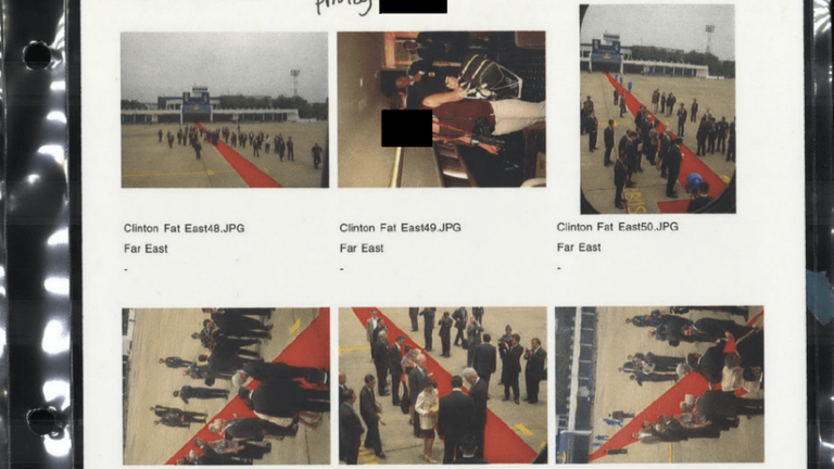 Image shows thumbnails of Bill Clinton arriving at Don Mueang International Airport in 2002. Pic: DOJ