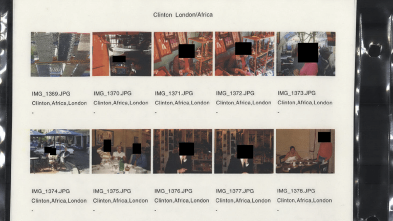 Thumbnails labelled 'Clinton, Africa, London'. Pic: DOJ