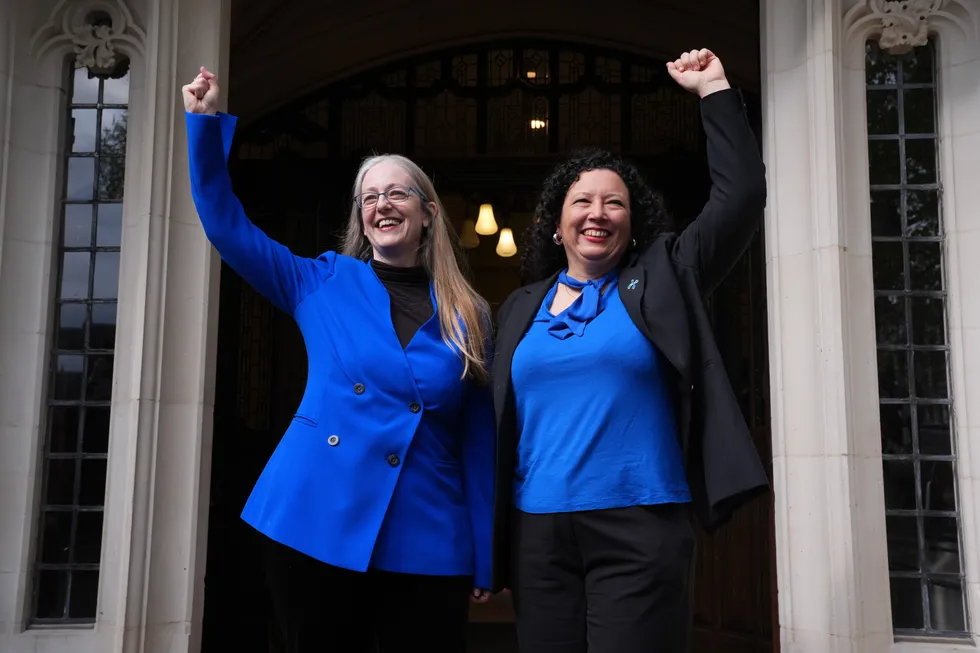 \u200bHelen Joyce (left) and Maya Forstater celebrating the Supreme Court ruling