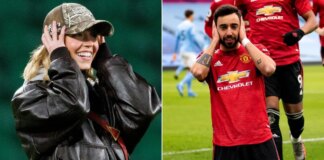 Sydney Sweeney randomly copies Bruno Fernandes after scoring goal at football match
