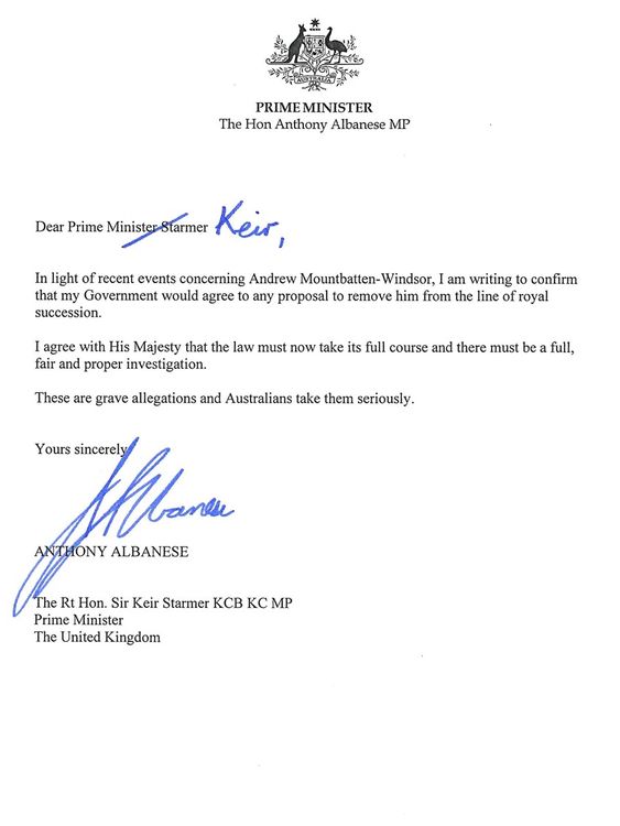 Anthony Albanese's letter to Sir Keir Starmer