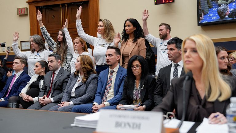 Epstein survivors all raised their hands when asked who still hadn't been able to meet DoJ officials. Pic: Reuters