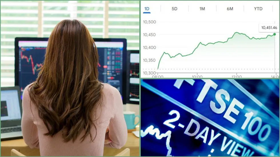 Woman at computer, Ftse 100 and stock market index