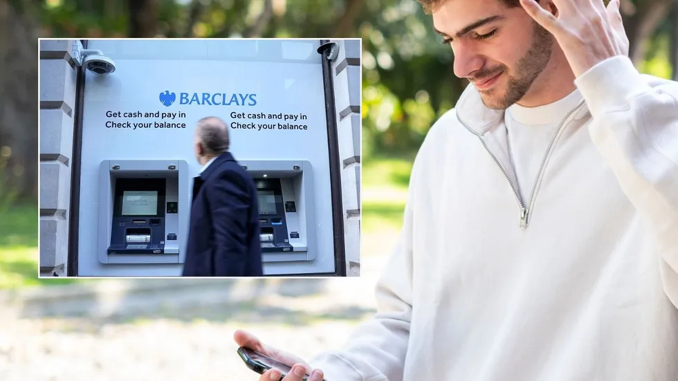 Man on phone and Barclays bank