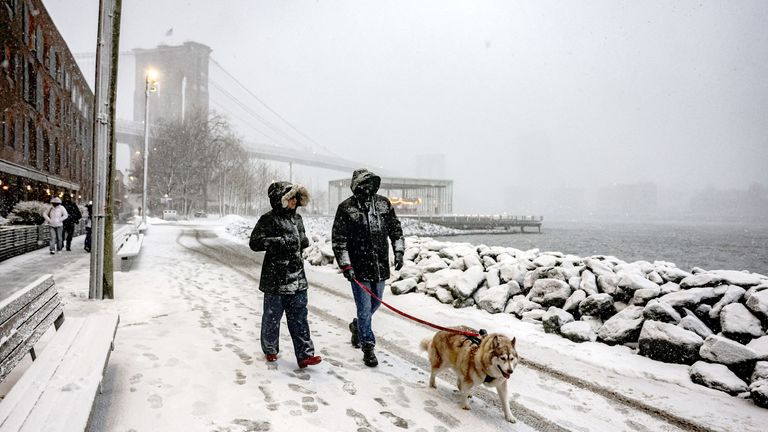 Snow falls during the storm by the East River. Pic: Reuters