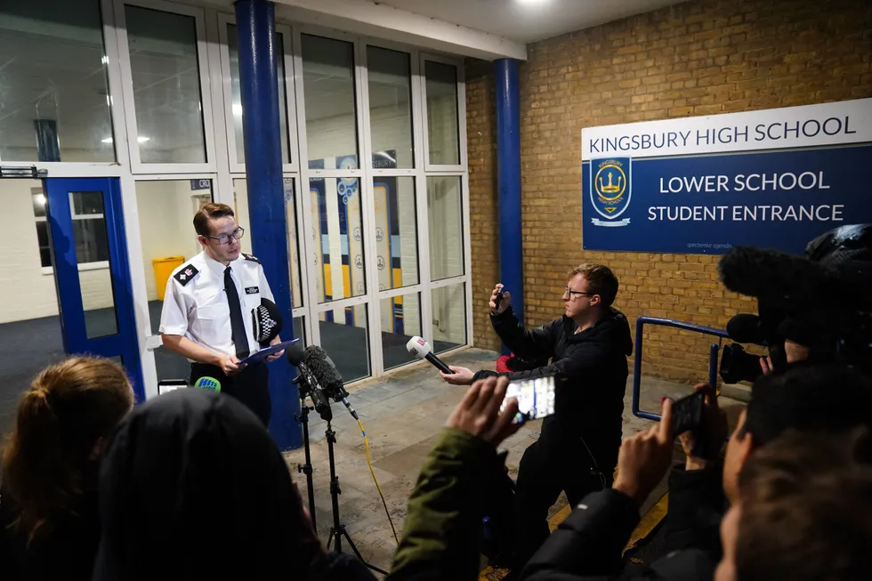 \u200bDetective Chief Superintendent Luke Williams speaking to members of the media at Kingsbury High School,