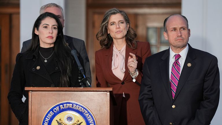 Republican Congresswoman Nancy Mace (centre) speaks outside the Chappaqua Performing Arts Centre, where Bill Clinton was testifying. Pic: AP