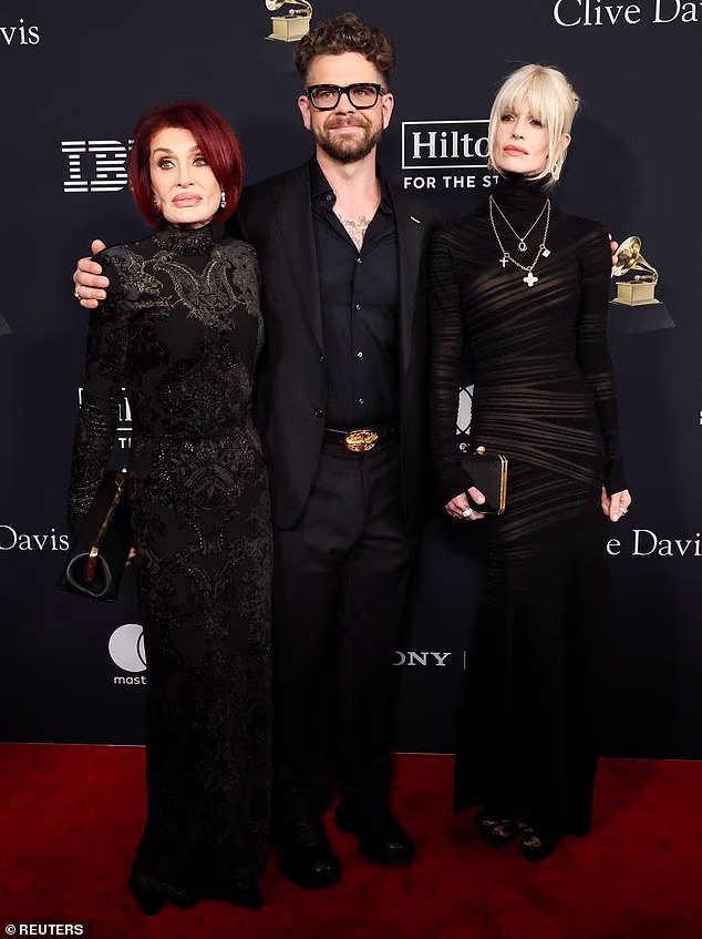 Sharon Osbourne was supported by her son Jack and daughter Kelly as she put on a brave face at the annual Pre-Grammy Gala six months on from her husband Ozzy's death