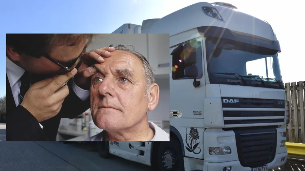 Lorry and man getting his eyes tested
