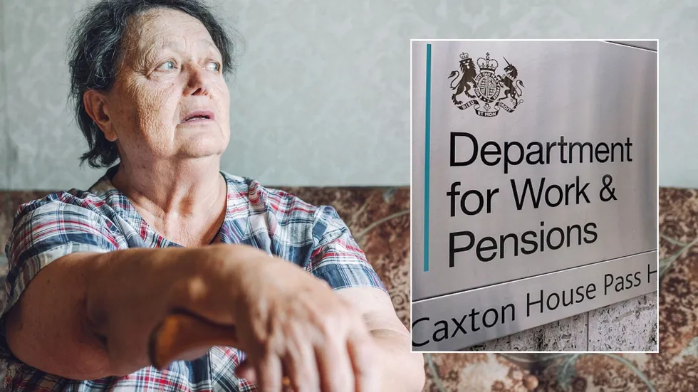 Pensioner looking worried and DWP sign