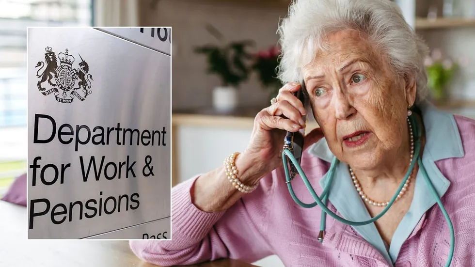 Older woman and DWP sign