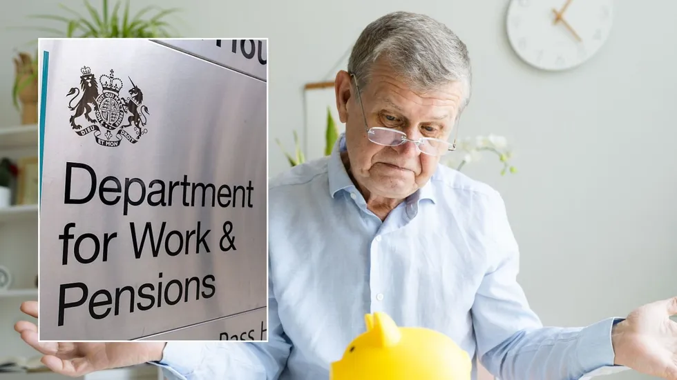 Man looking at piggy bank and DWP sign