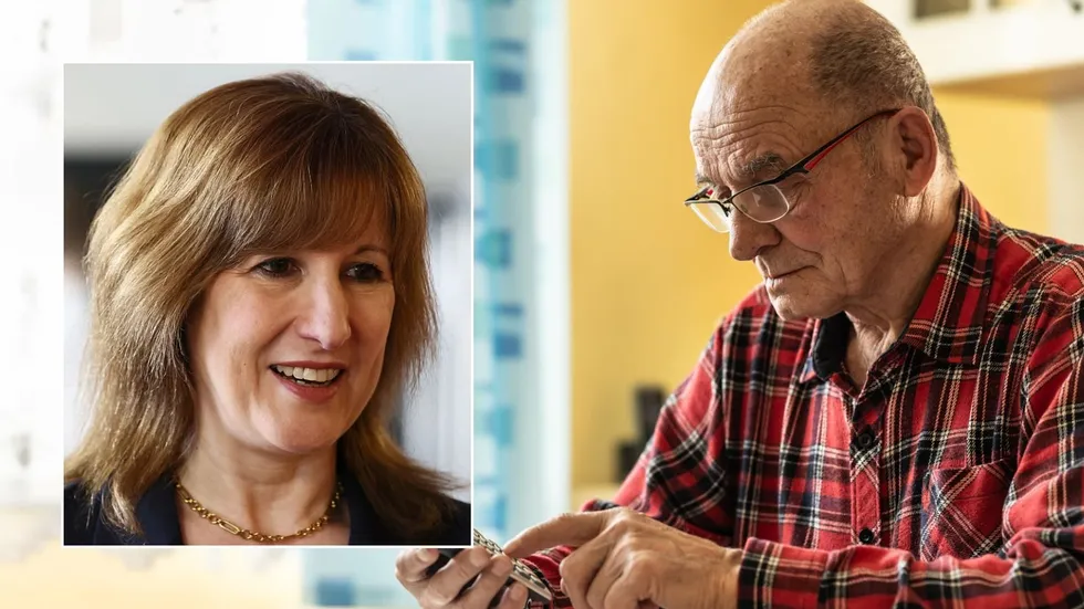 Man looking at phone and Rachel Reeves