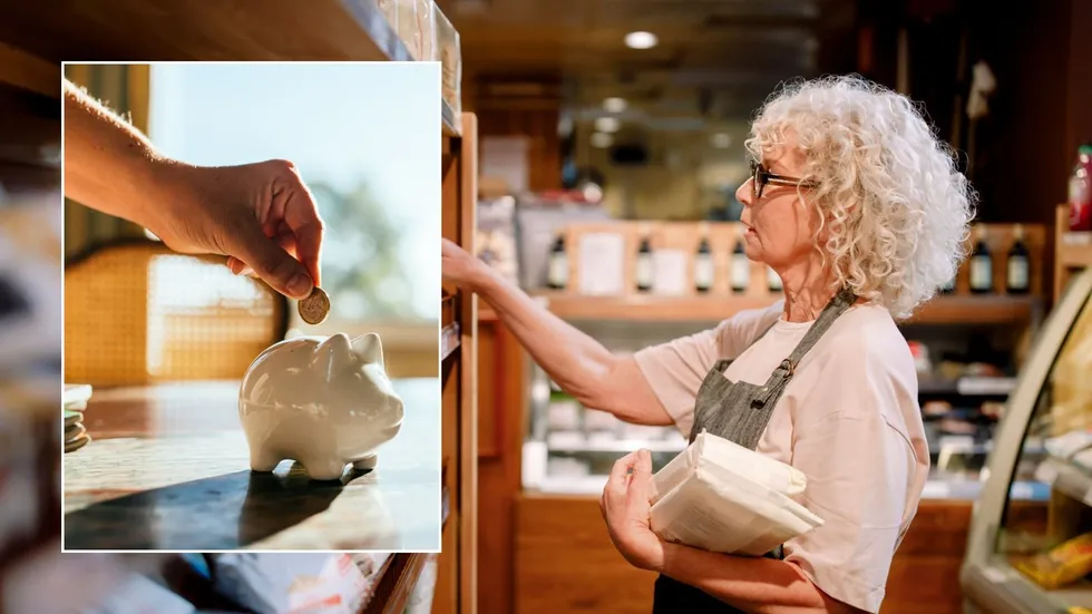 Older woman and piggy bank