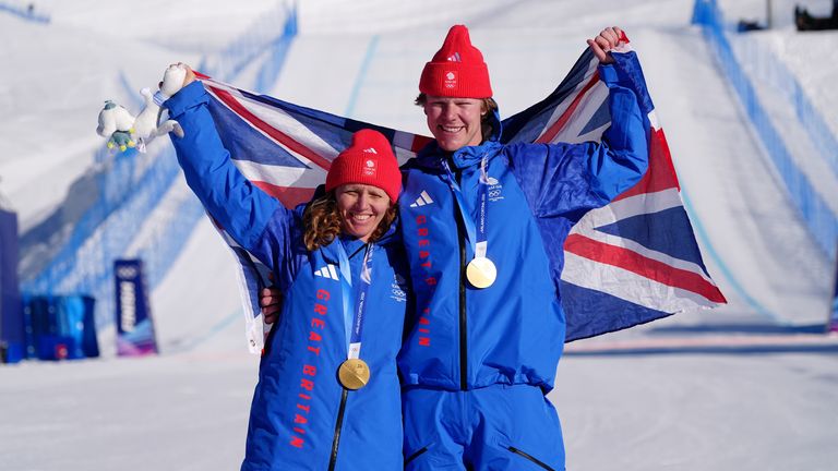 Great Britain's Charlotte Bankes and Huw Nightingale celebrate with their gold. Pic: PA