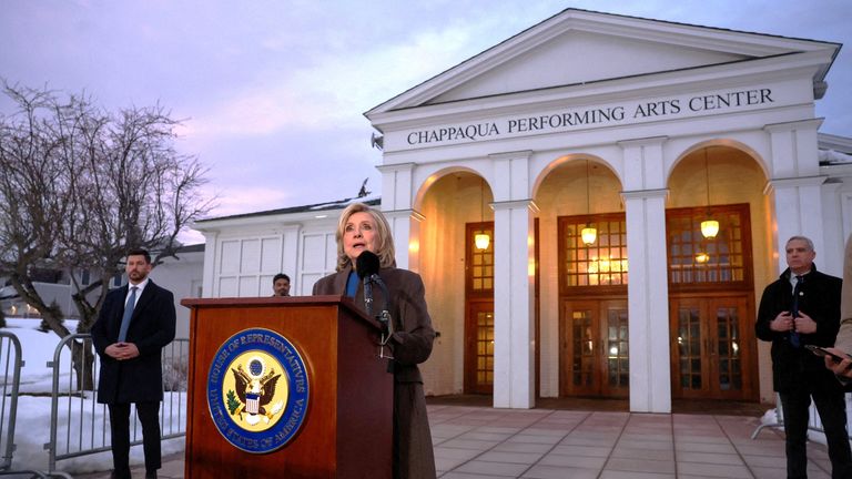Hillary Clinton speaking to reporters after testifying in New York. Pic: Reuters