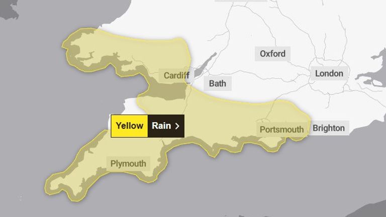 A yellow warning runs from noon on Monday until midnight. Pic: Met Office