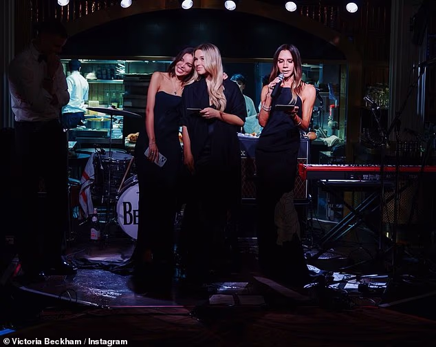 Victoria Beckham took centre stage at son Cruz's 21st birthday party this weekend as she joined forces with Jackie Apostel and daughter Harper for a speech