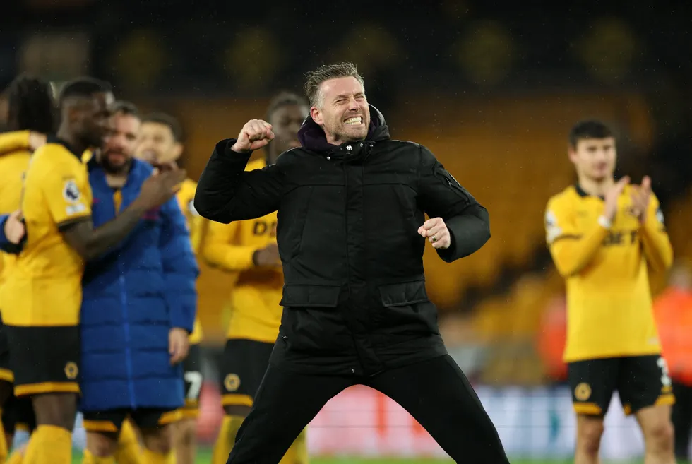 Rob Edwards celebrated wildly after full-time as Wolves managed just their second win in the Premier League this season