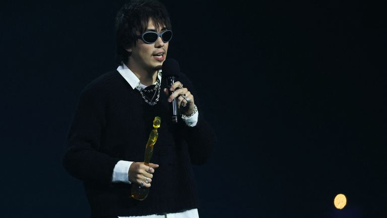 Max Bassin of Geese accepts the award for International Group of the Year at the Brits