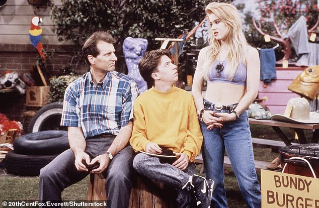 The star also shared her struggle with anorexia in the book, writing that she barely ate while starring on 1980s TV show Married With Children; Pictured in a still with Ed O'Neill and David Faustino