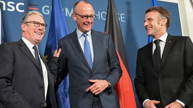 Sir Keir Starmer, Friedrich Merz and Emmanuel Macron are attempting to navigate a tense situation with Donald Trump. File pic: Reuters