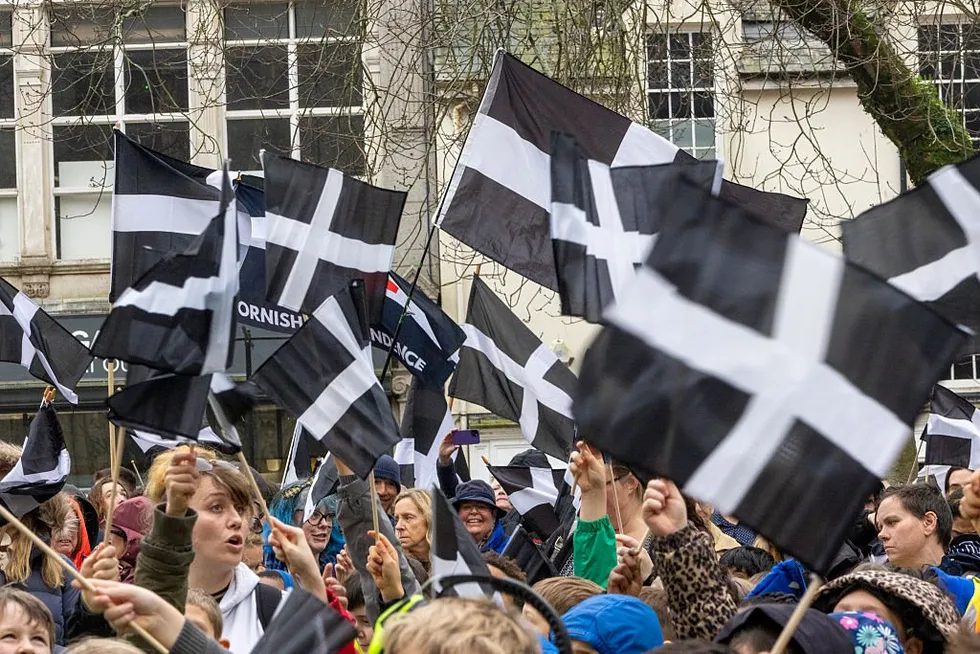 \u200b: A sea of St Piran's flags (Cornish Flags) was seen outside Truro Cathedral