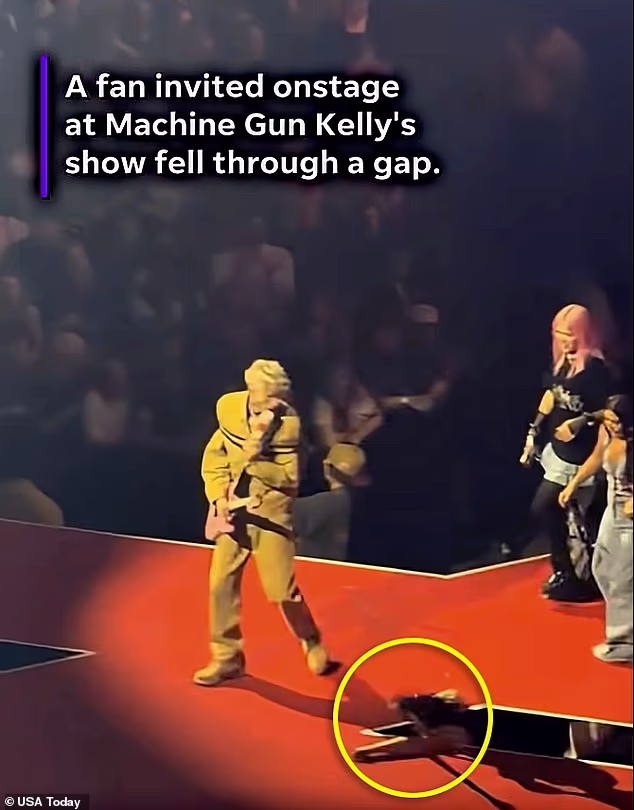 However, she did not notice a gap within the stage and plummeted down into the small opening. Her hands could be seen slamming down on the edge of the hole in an attempt to stay up