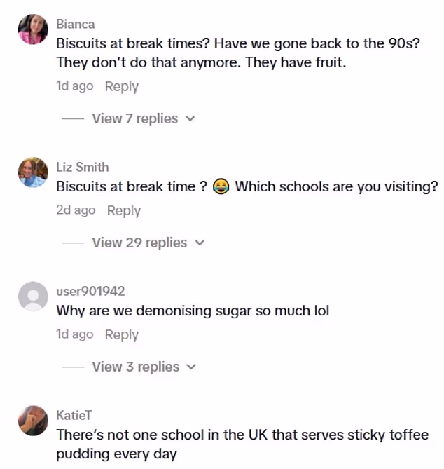 Others claimed she was misinformed, with users writing: 'There’s not one school in the UK that serves sticky toffee pudding every day'