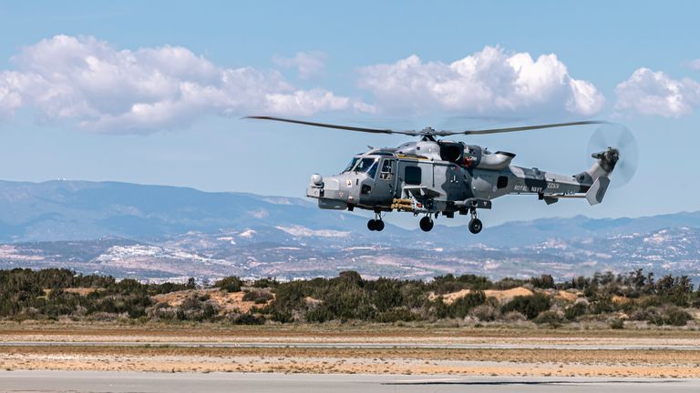 Royal Navy Wildcat helicopter on an initial test flight at a British base in Cyprus. Pic: MoD