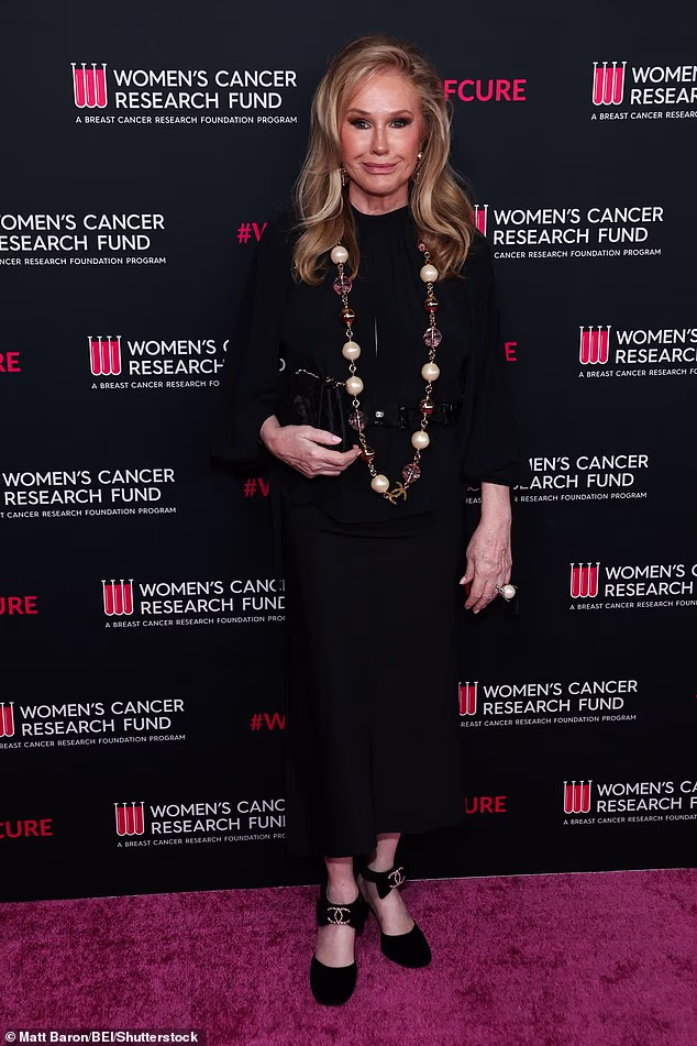 Kathy Hilton, 66, was sophisticated in a black dress paired with a statement Chanel necklace and heels