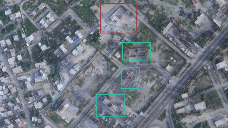 There are three visible strike impact points on buildings within the IRCG base, and the impact on the school. Credit: Planet Labs PBC