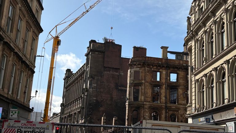 Demolition carried out on a building destroyed by a fire near Glasgow Central station. Pics: PA