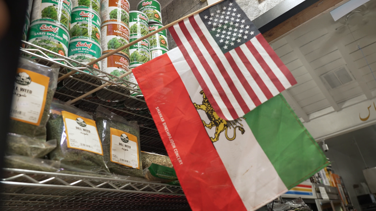 Iran's pre-Islamic Revolution flag alongside the US flag at Mr Saddigh's shop