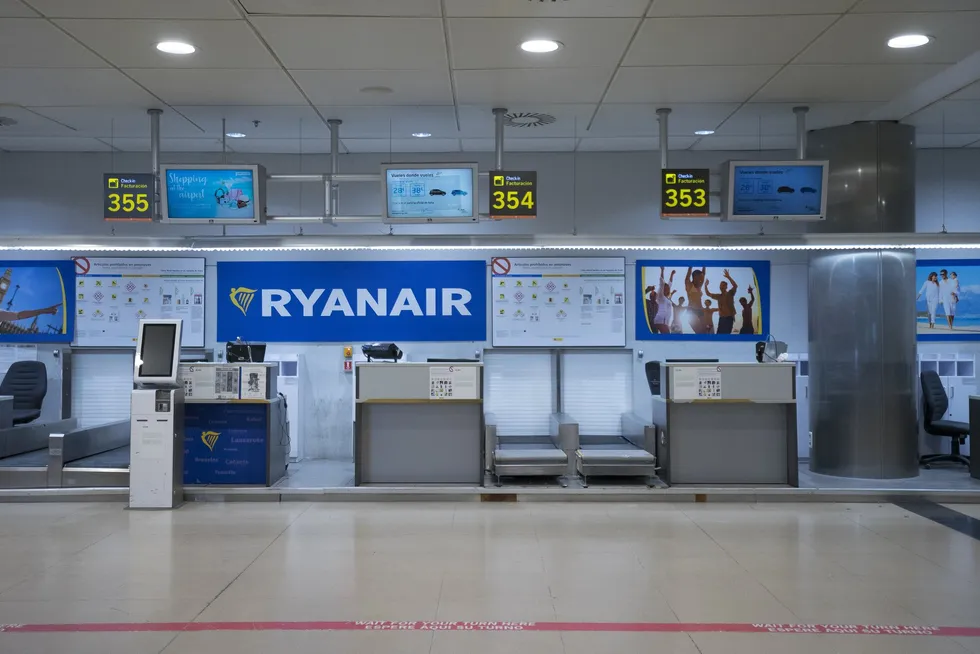 An empty Ryanair check in counter