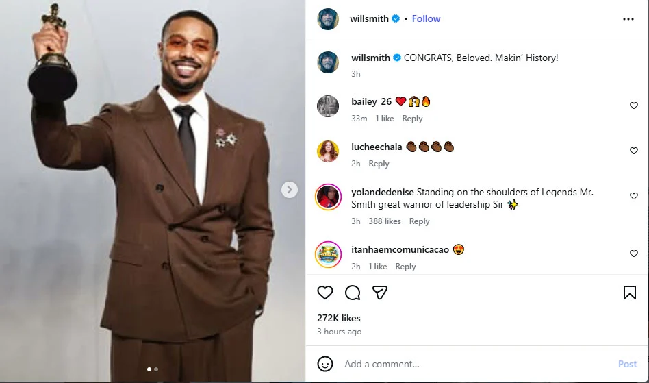 Will Smith reacts to Michael B. Jordans first Oscar victory