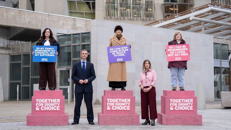 Terminally ill women (top L-R) Lisa Fleming, Tish McEwan and Lorna Weir with MSP Liam McArthur and Ally Thomson, director of Dignity in Dying Scotland. Pic: PA