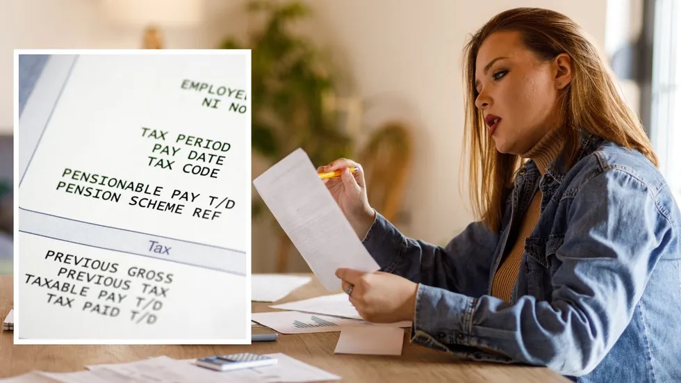 Person looks at payslip and tax code on payslip in pictures