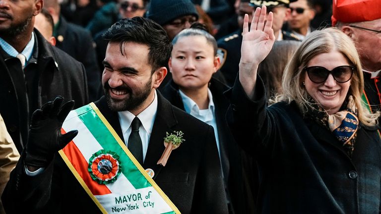 Zohran Mamdani and police commissioner Jessica Tisch at New York's St Patrick's Day parade. Pic: Reuters