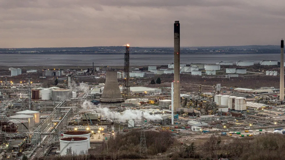 An aerial view of the Essar Oil Refinery next to the Manchester Ship Canal and the River Mersey