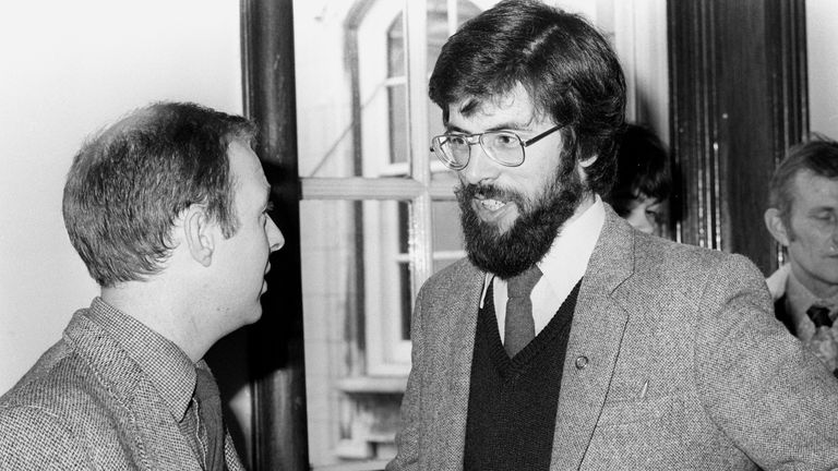 Gerry Adams, right, at an election count in Belfast in 1982. Pic: PA